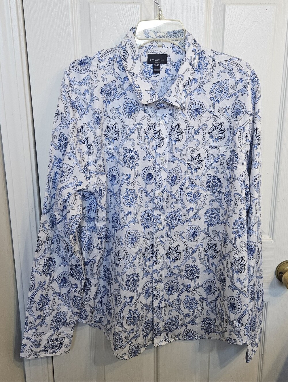 Structure Men's Blue Floral Print Button Front Long Sleeve Shirt XL 100% Cotton